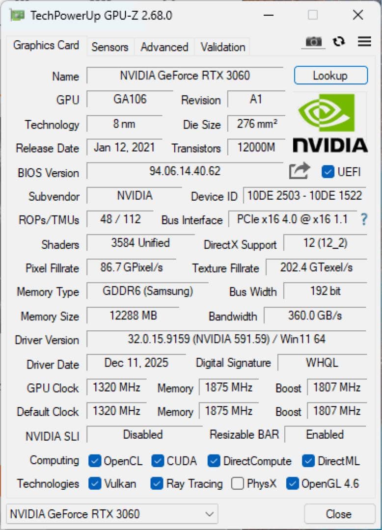グラフィックボード・グラボ・ビデオカード GALAKURO GeForce RTX 3060 12GB