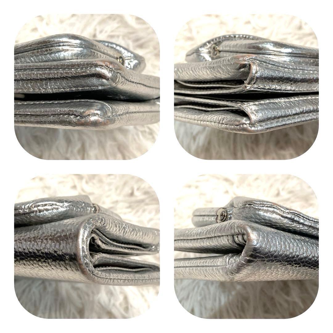 【美品】ear PAPILLONNER 牛革がま口折り財布　シルバー