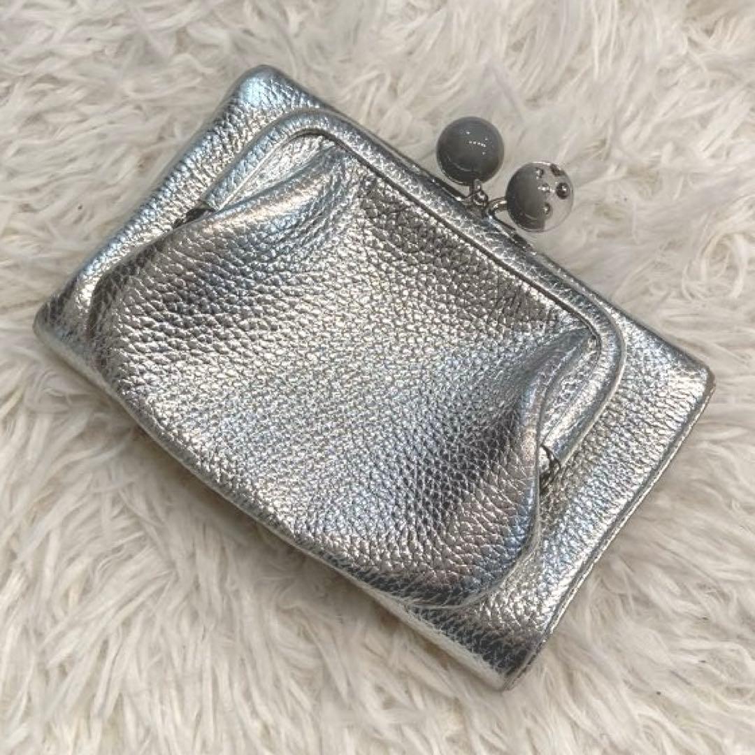 【美品】ear PAPILLONNER 牛革がま口折り財布　シルバー