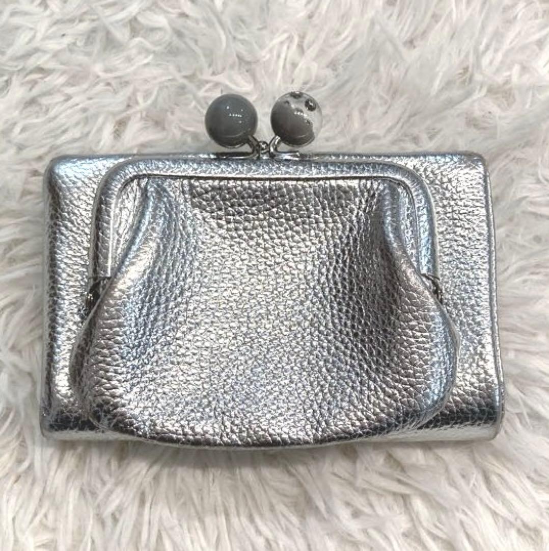 【美品】ear PAPILLONNER 牛革がま口折り財布　シルバー