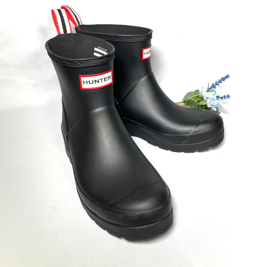 【美品】HUNTER ハンター　レインブーツ　ショートブーツ　黒　ロゴ