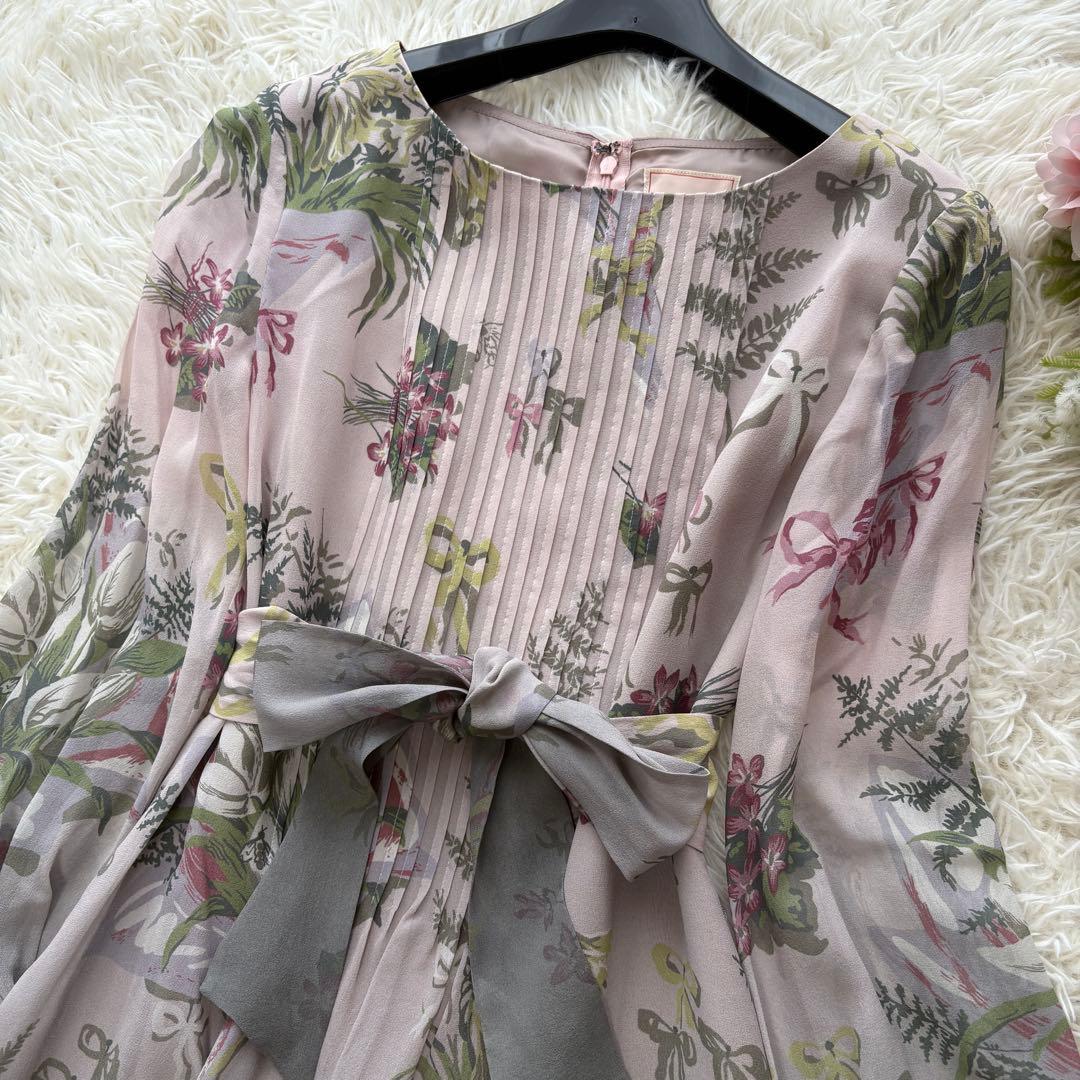 【美品】ピンタック　シルク100% シビラ　ワンピース　リボン　花柄　長袖　38