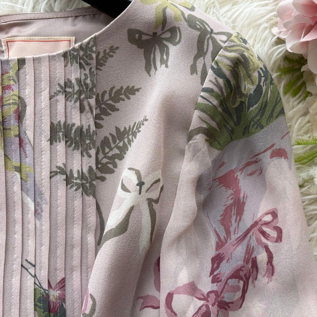 【美品】ピンタック　シルク100% シビラ　ワンピース　リボン　花柄　長袖　38