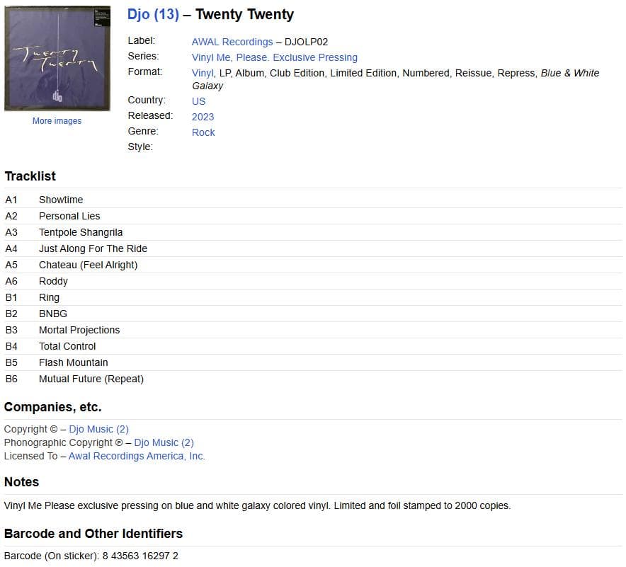 【未再生・超希少】Djo Twenty Twenty LP VMP限定 入手困難