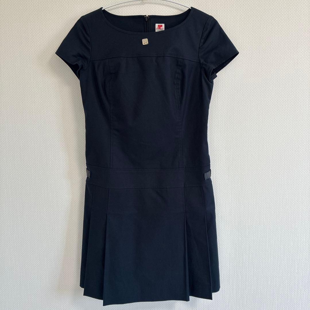 courrèges ネイビー ひざ丈　ワンピース 半袖 クレージュ　プリーツ
