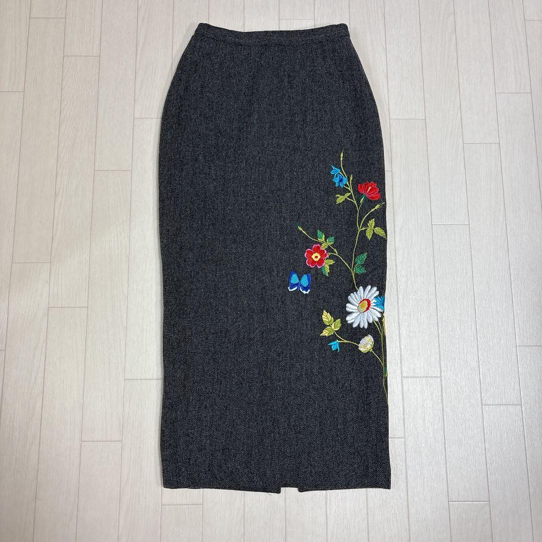 DOLCE&GABBANA D&G 花刺繍 ヘリンボーンツイード ロングスカート