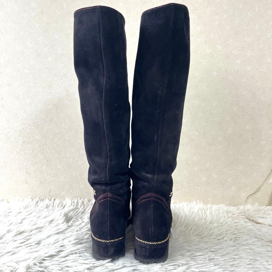 美品　CHANEL ロングブーツ　スエード　黒　23.5 ココマーク　チェーン