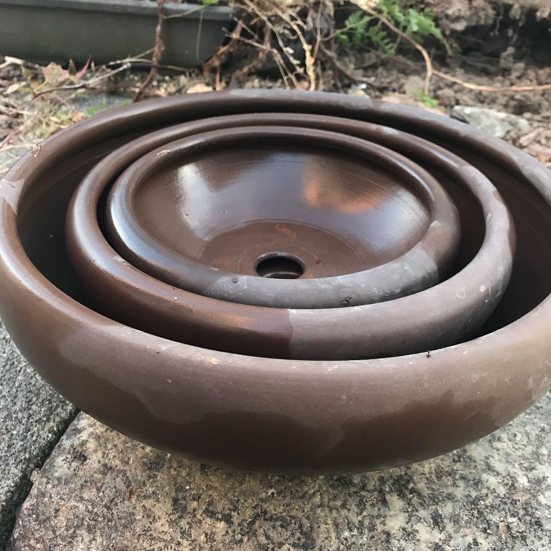盆栽鉢　時代丸縁入り3つ足盆栽鉢30cm23cm19cm3個セット山野草植木鉢