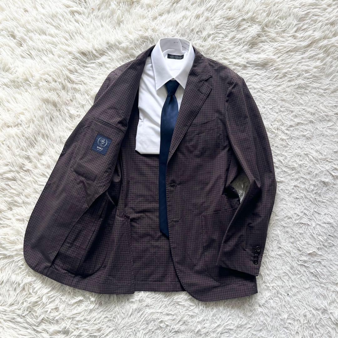 <美品>BEAMS F 新ロゴ ブラウン コットンシルク ジャケット サイズ48