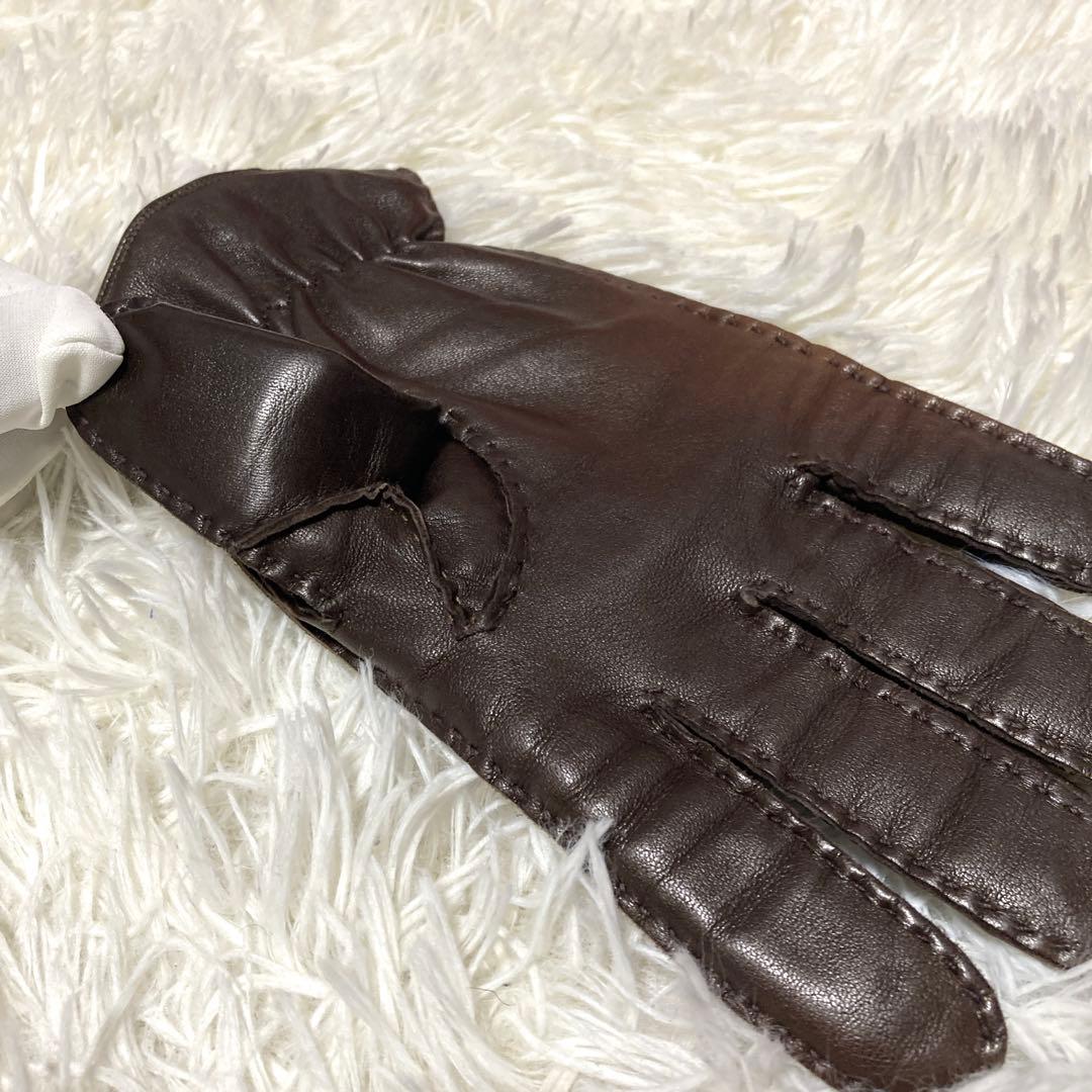 美品GIORGIO ARMANI ラムレザー手袋　カシミヤ　茶　エンボスロゴ
