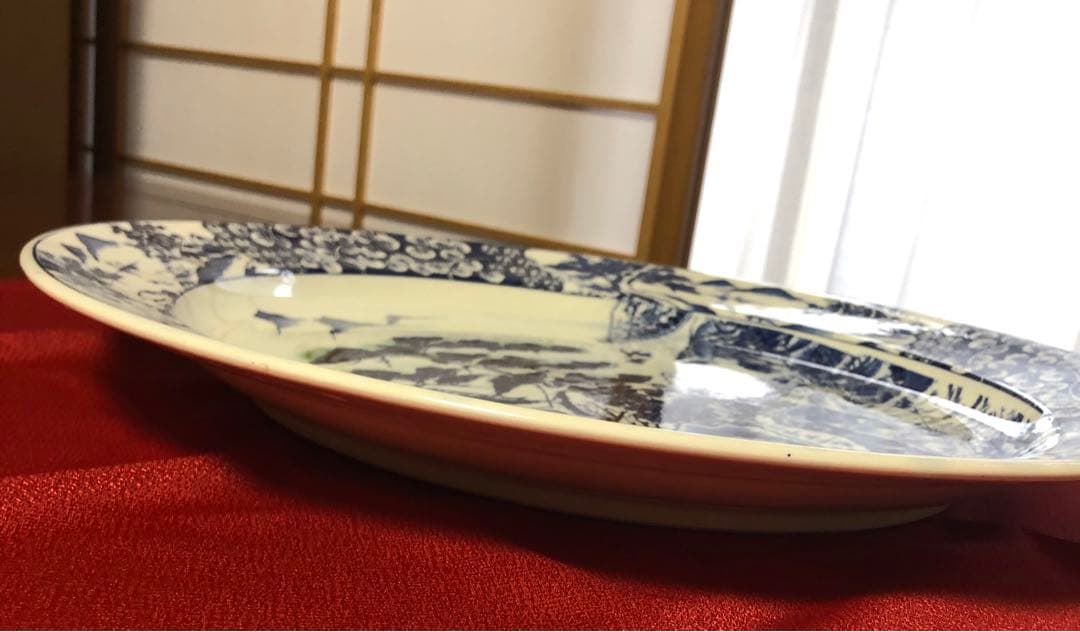 青白い風景画の陶器平皿　装飾皿　大皿42センチ