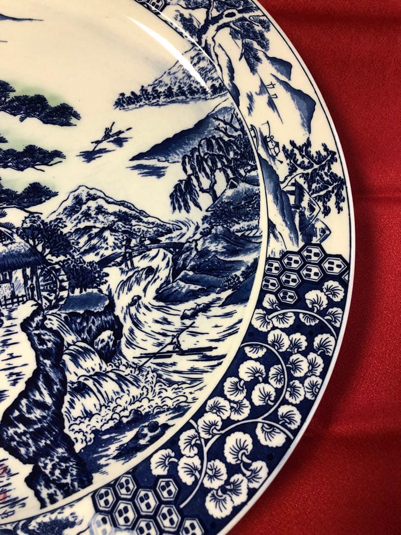 青白い風景画の陶器平皿　装飾皿　大皿42センチ