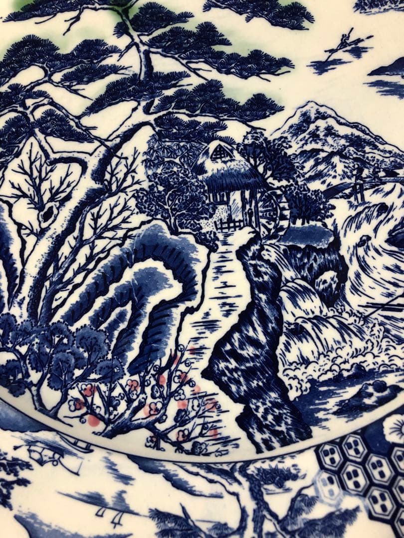 青白い風景画の陶器平皿　装飾皿　大皿42センチ