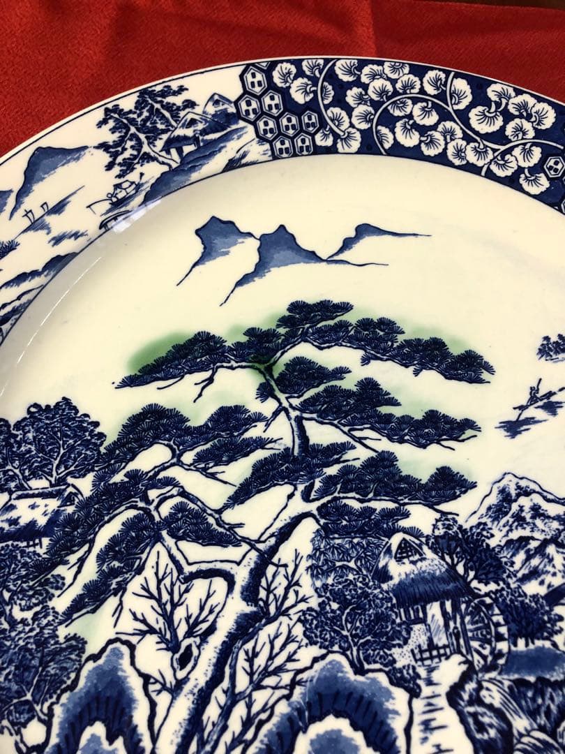 青白い風景画の陶器平皿　装飾皿　大皿42センチ