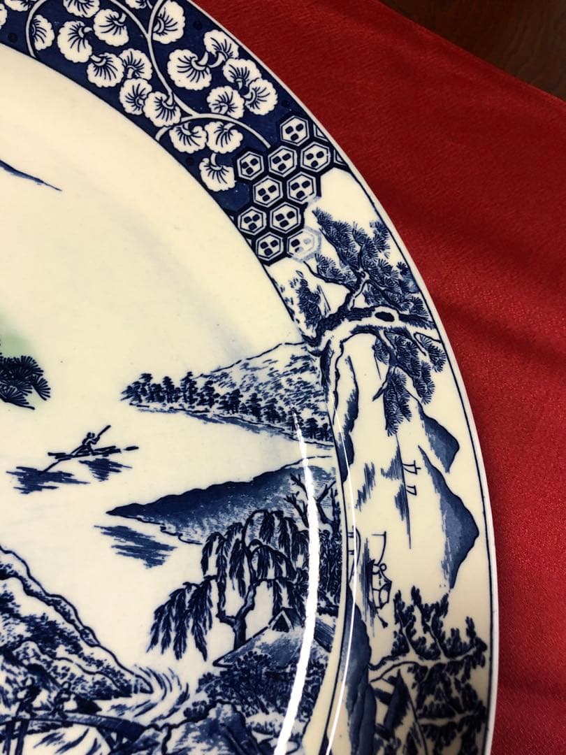 青白い風景画の陶器平皿　装飾皿　大皿42センチ
