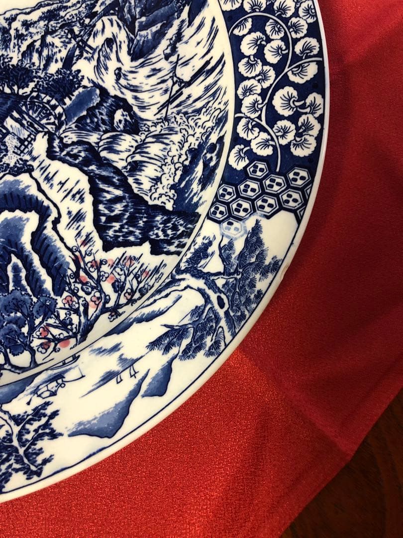 青白い風景画の陶器平皿　装飾皿　大皿42センチ
