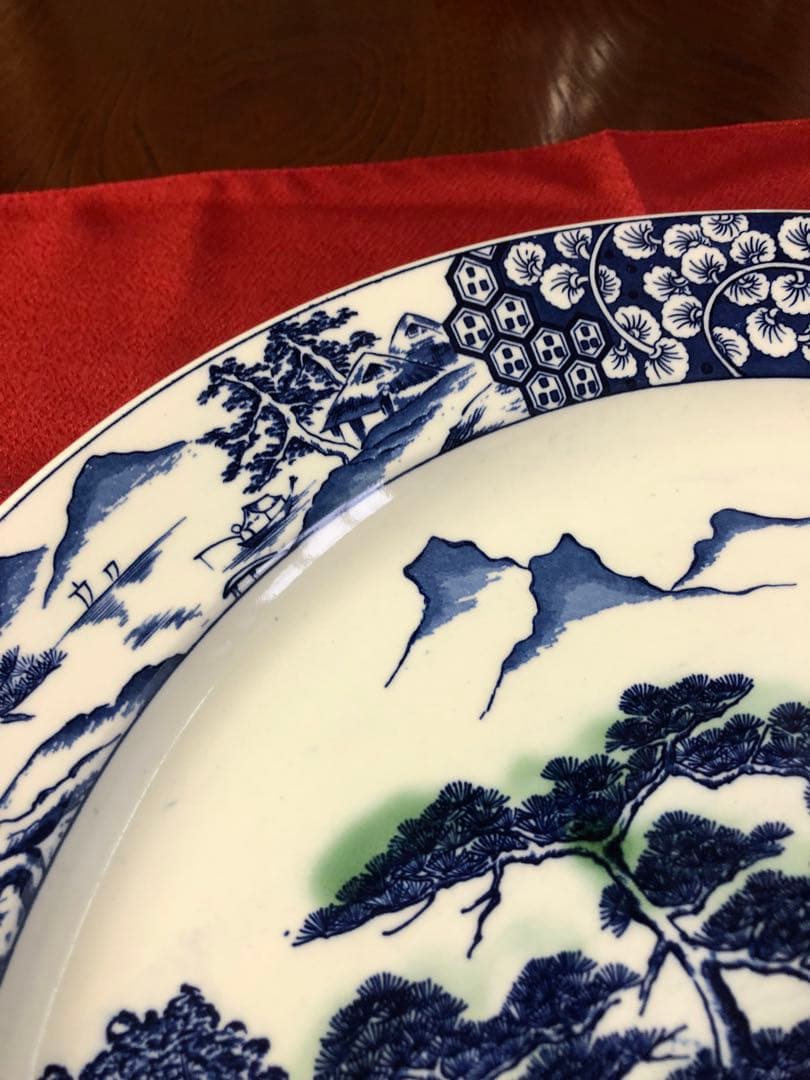 青白い風景画の陶器平皿　装飾皿　大皿42センチ