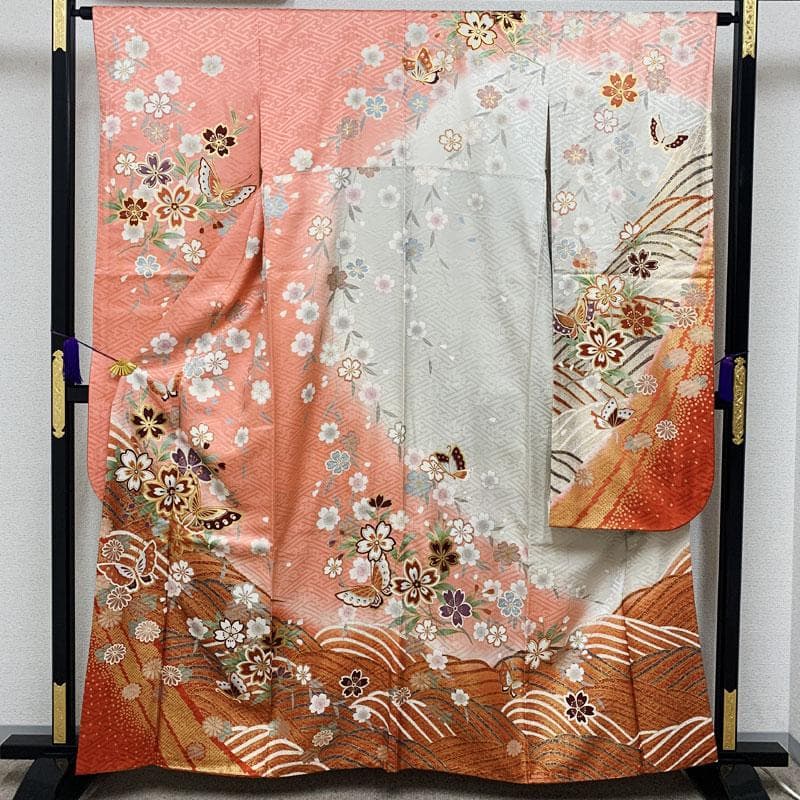 603z5☆振袖 古典柄 金駒刺繍 ピンク×グレー☆美品 成人式結婚式 十三参り