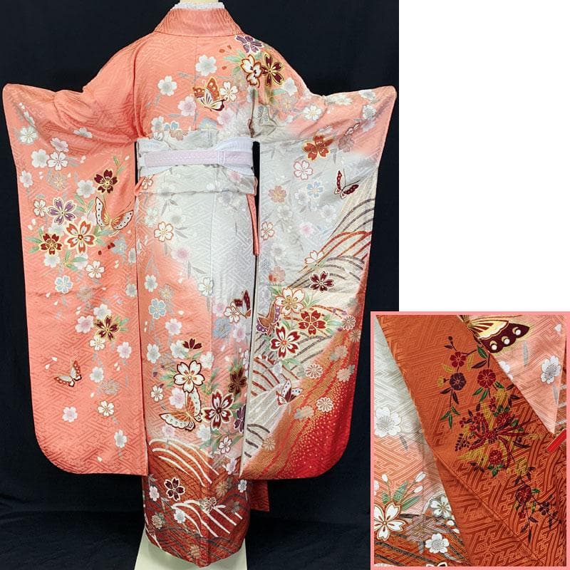 603z5☆振袖 古典柄 金駒刺繍 ピンク×グレー☆美品 成人式結婚式 十三参り
