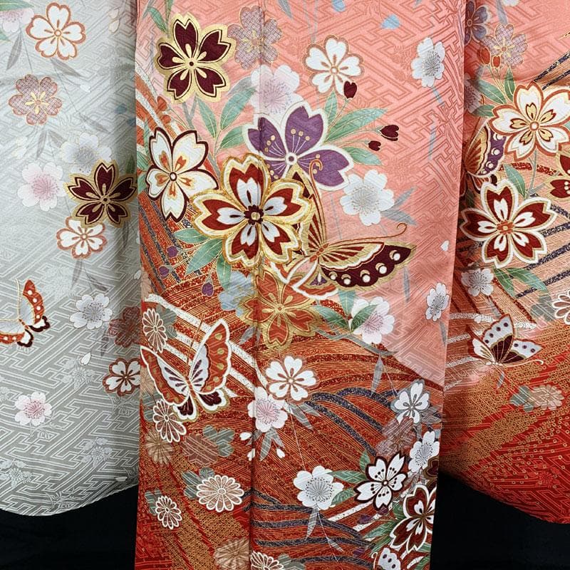 603z5☆振袖 古典柄 金駒刺繍 ピンク×グレー☆美品 成人式結婚式 十三参り