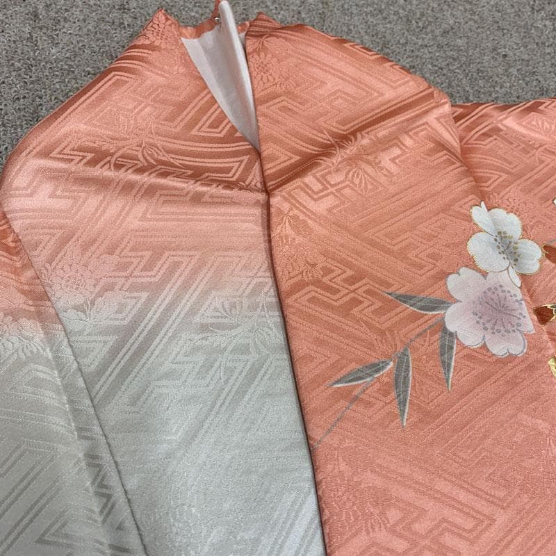 603z5☆振袖 古典柄 金駒刺繍 ピンク×グレー☆美品 成人式結婚式 十三参り