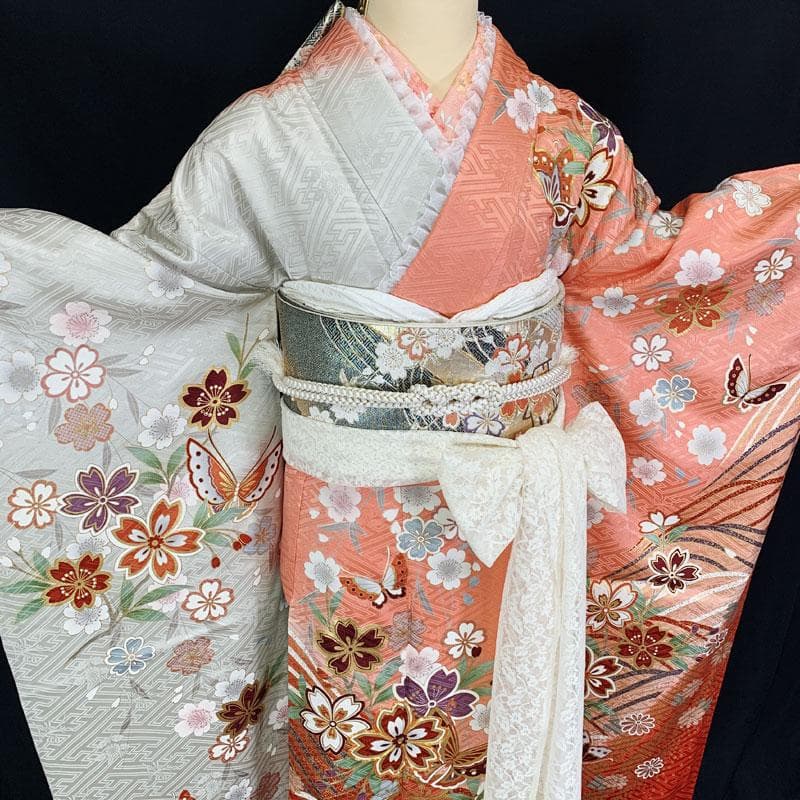 603z5☆振袖 古典柄 金駒刺繍 ピンク×グレー☆美品 成人式結婚式 十三参り