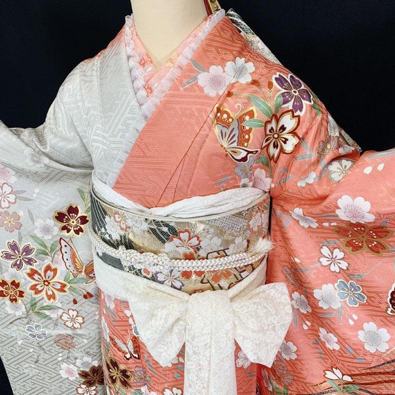 603z5☆振袖 古典柄 金駒刺繍 ピンク×グレー☆美品 成人式結婚式 十三参り