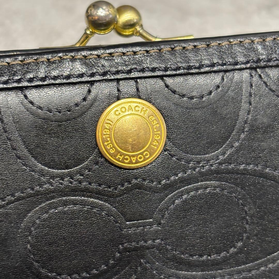 希少　COACH コーチ　シグネチャー　レザー　がま口　折り財布　コンパクト