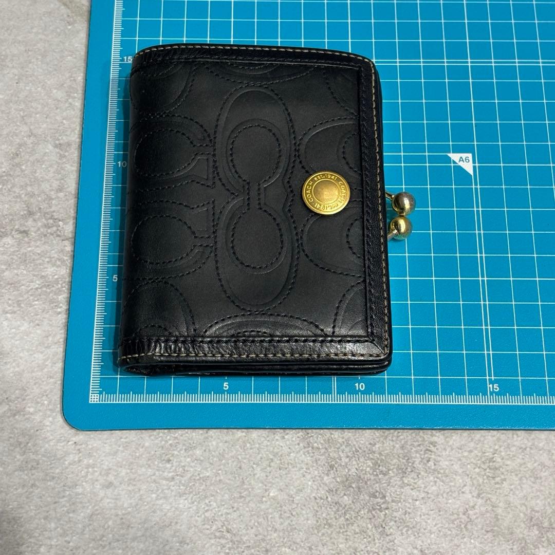 希少　COACH コーチ　シグネチャー　レザー　がま口　折り財布　コンパクト