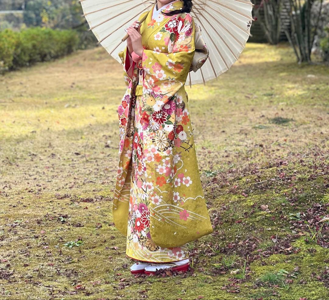 成人式 振袖 花柄 黄色 辛子色 正絹 クリーニング済み