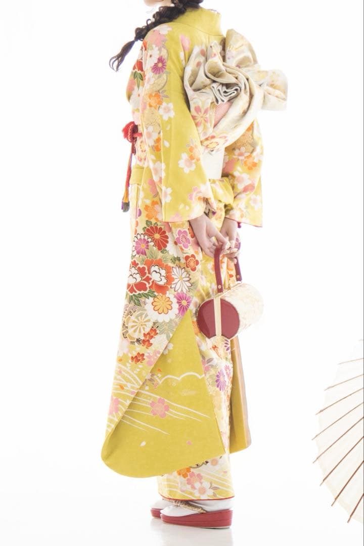成人式 振袖 花柄 黄色 辛子色 正絹 クリーニング済み