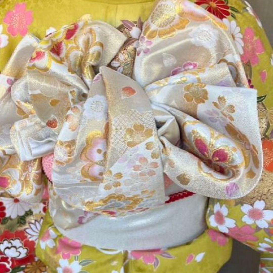 成人式 振袖 花柄 黄色 辛子色 正絹 クリーニング済み