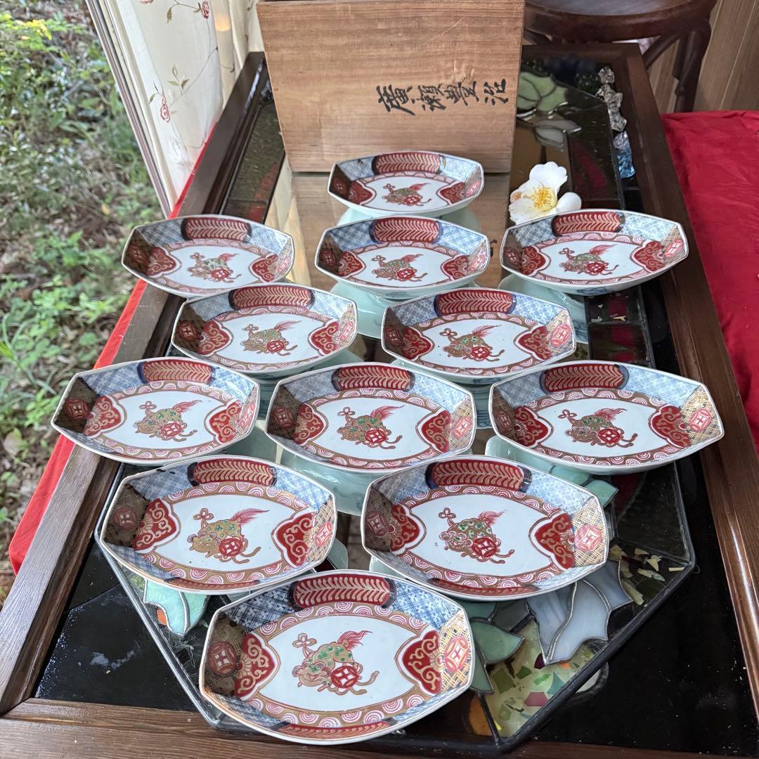 2190様感謝‼️最上手伊万里唐獅子牡丹　富貴繁栄の舟形膾皿切支丹刺身皿2客