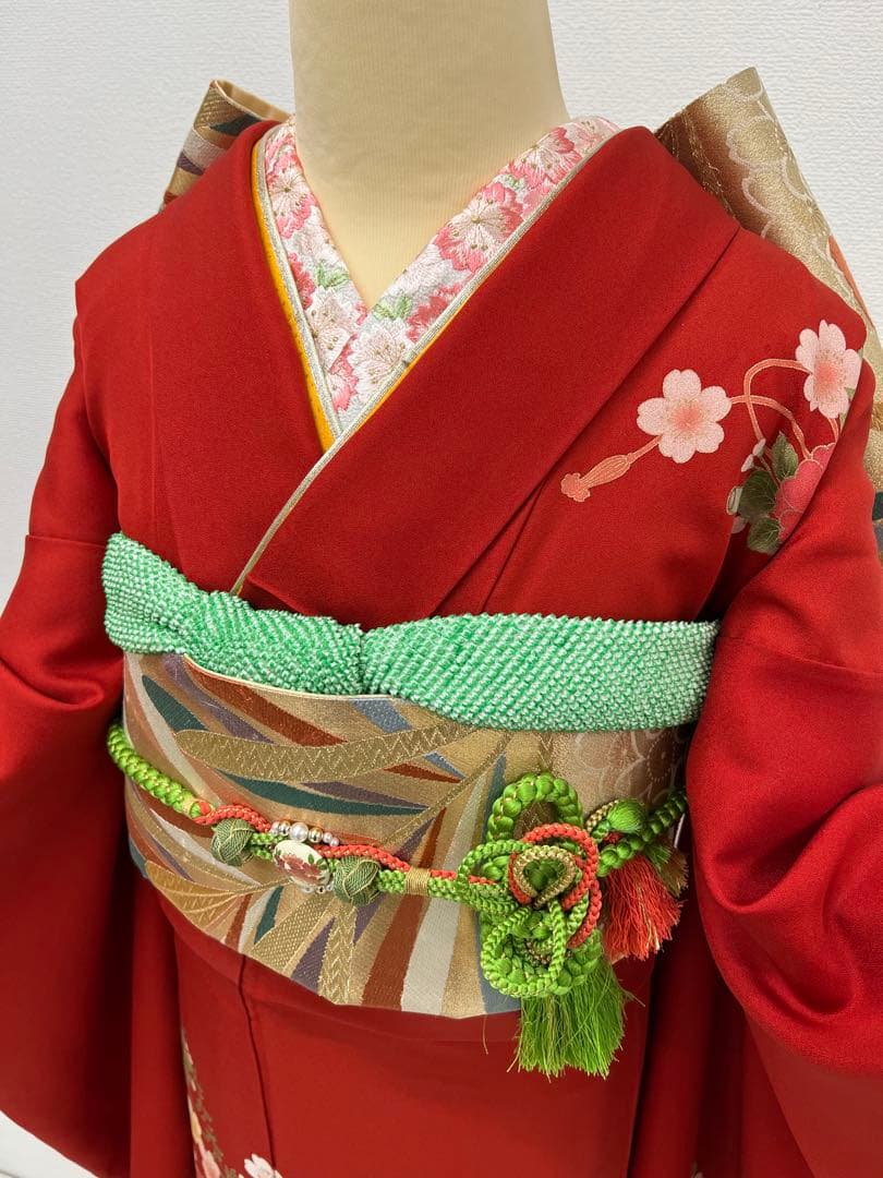 振り袖　フルセット　別誂長襦袢　赤　成人式　ガード加工　金彩加工　桜　816