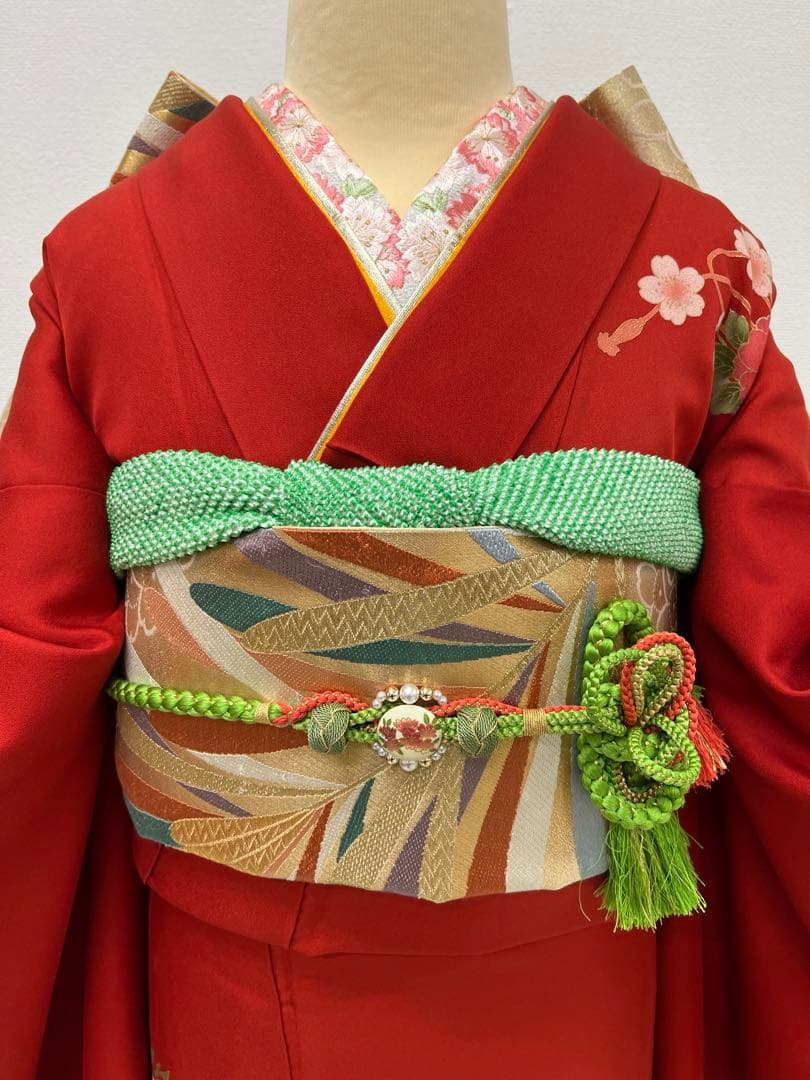 振り袖　フルセット　別誂長襦袢　赤　成人式　ガード加工　金彩加工　桜　816