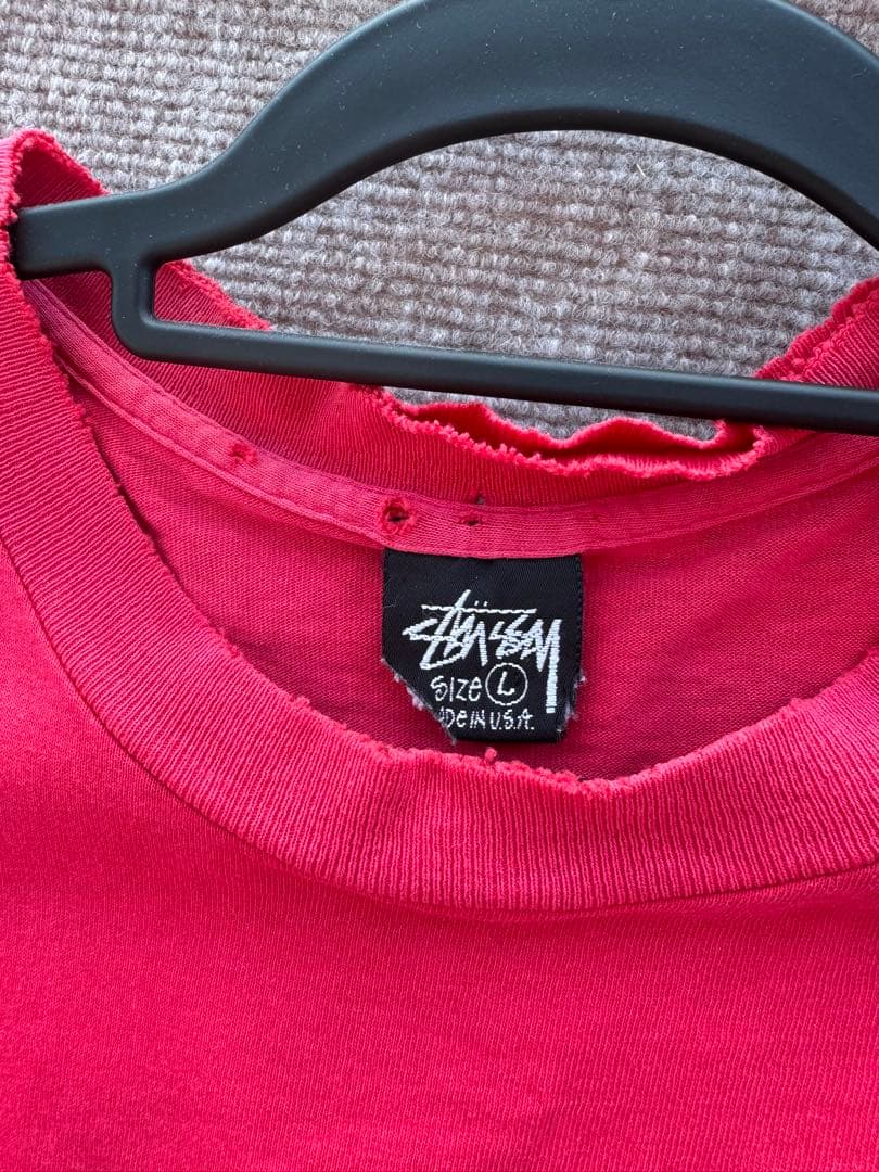 90s OLD STUSSY USA製 ロゴTシャツ フェード レッド ボロ L