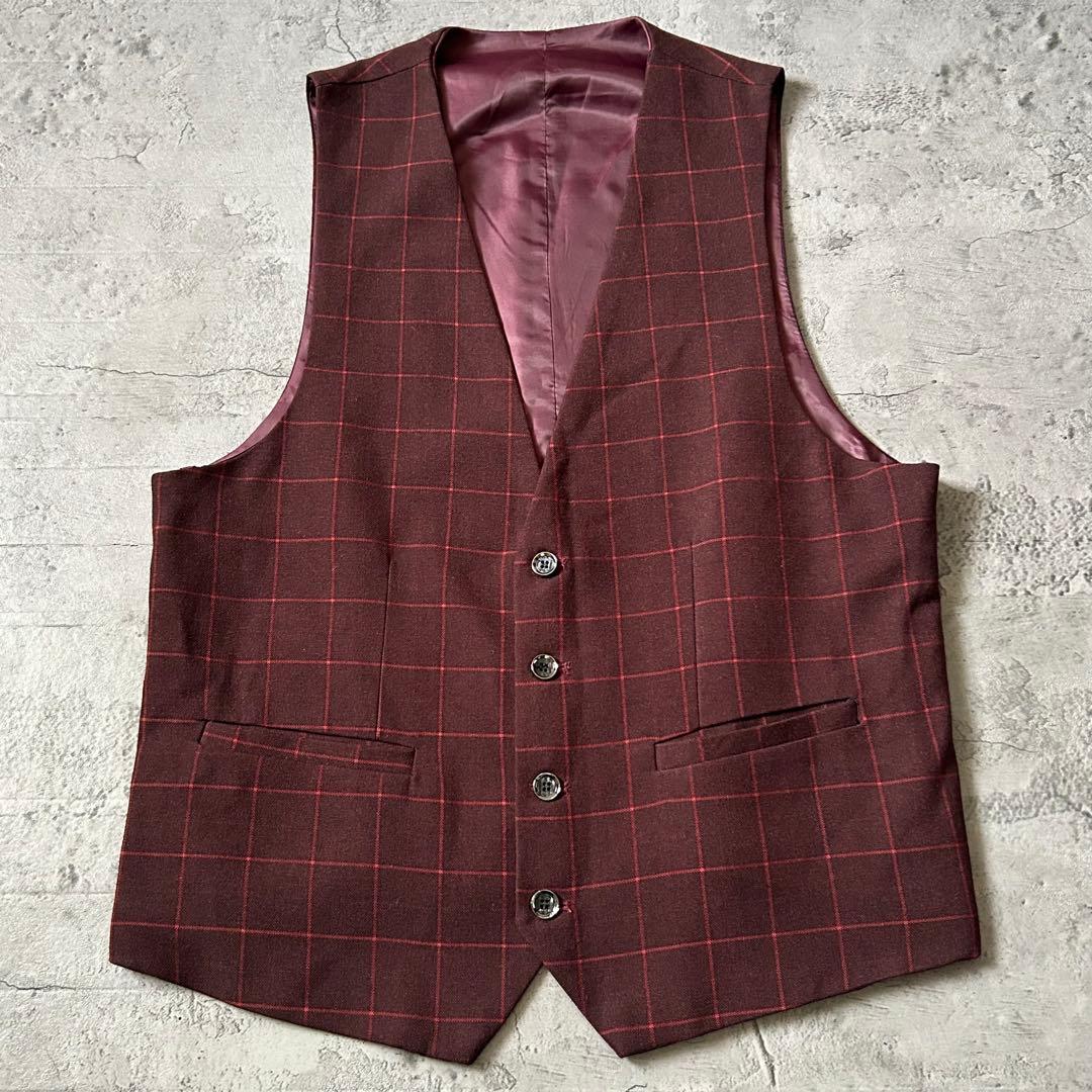 未使用級 スリーピーススーツ ボルドー ペンチェック 1B シングルジャケット