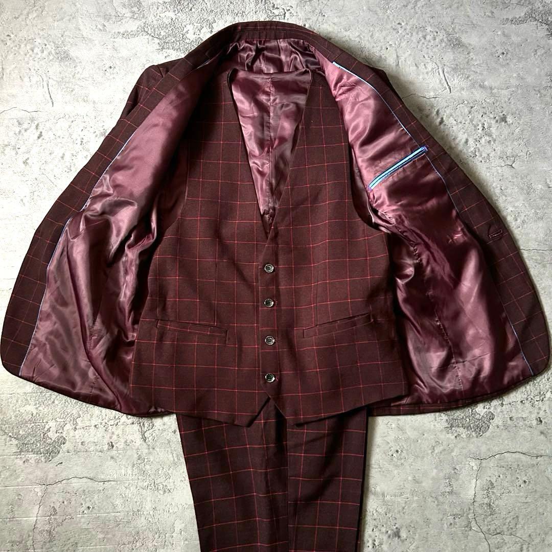 未使用級 スリーピーススーツ ボルドー ペンチェック 1B シングルジャケット