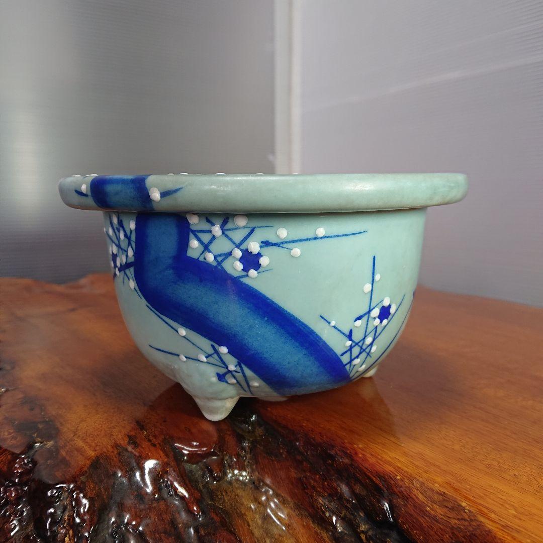 陶器製 青磁染付 梅図 尾張焼 瀬戸焼 三足 盆栽鉢 蘭鉢 bonsai