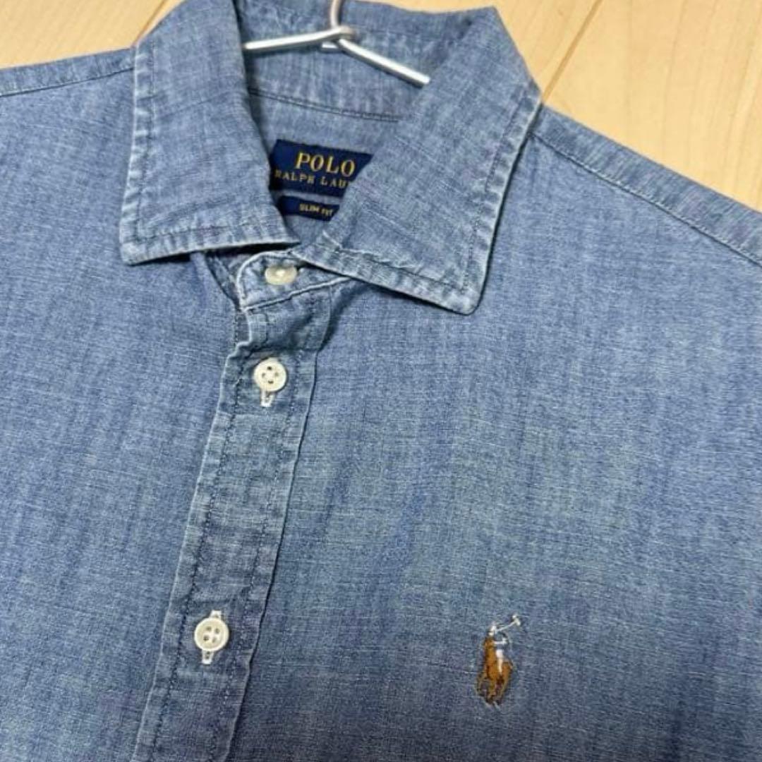 美品　ポロラルフローレン　デニムブルー　ダンガリーシャツ　ライトブルー　M
