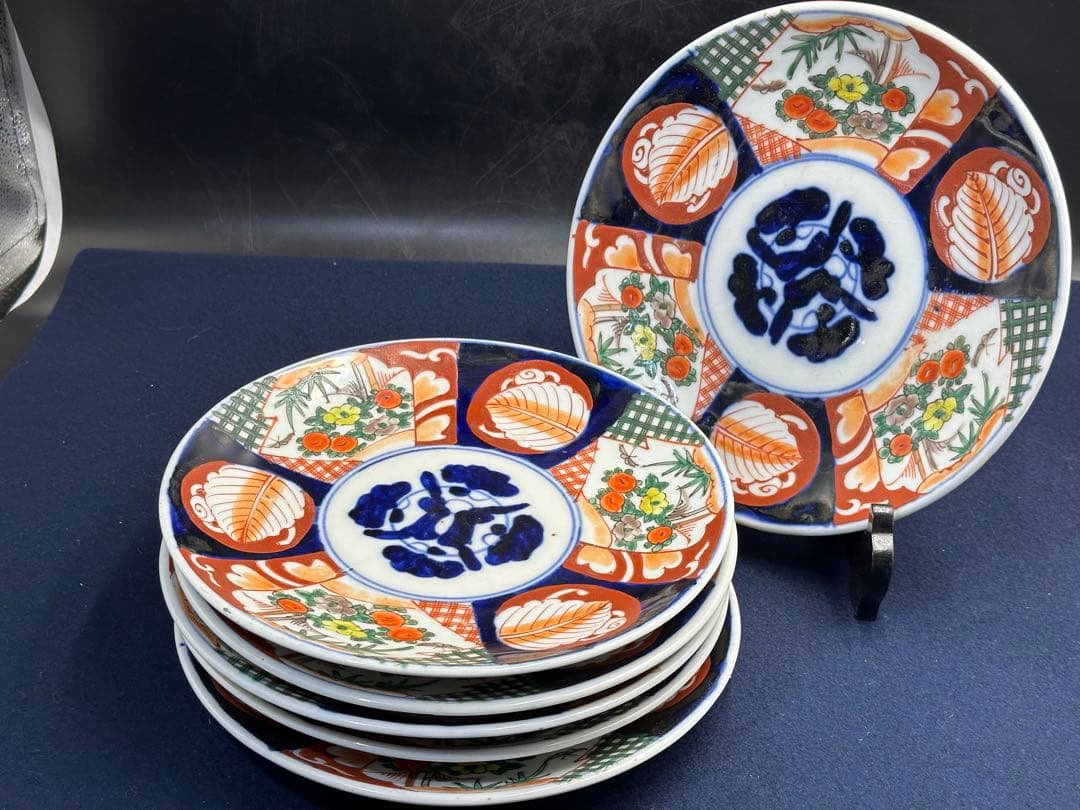 伊万里焼 染錦絵八寸皿 六枚セット 色絵牡丹 山徳窯