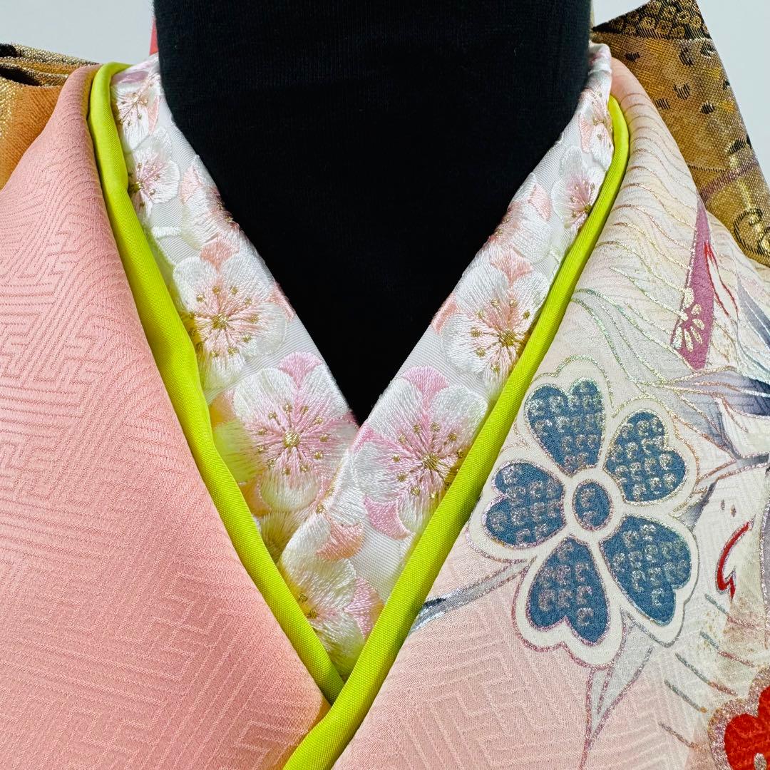 振袖フルセット　ピンク系　地紋　金彩　金駒刺繍　成人式　お正月　お祝い　正絹