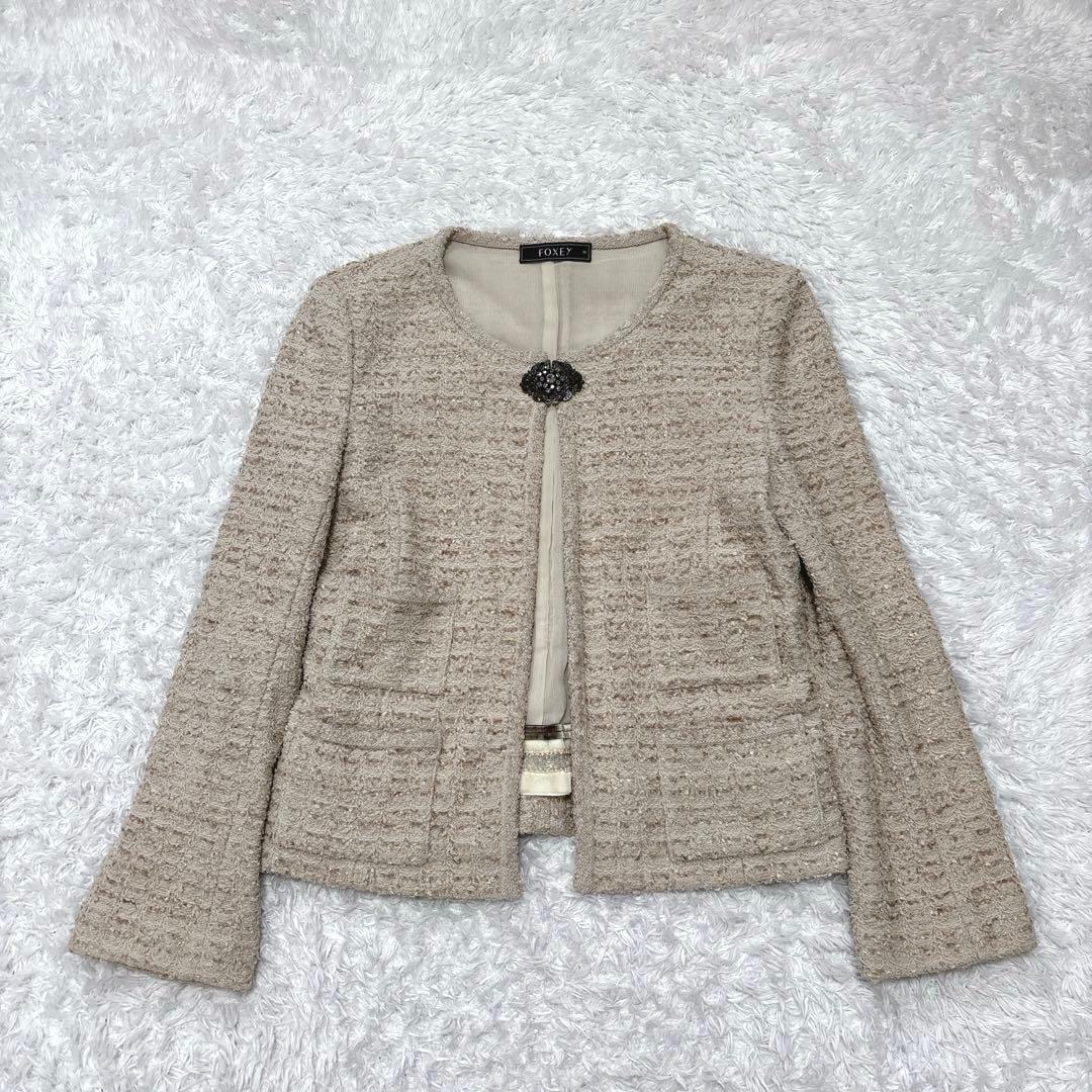 【FOXEY】フォクシー ビジュークラスプ ツイードジャケット ベージュ 38