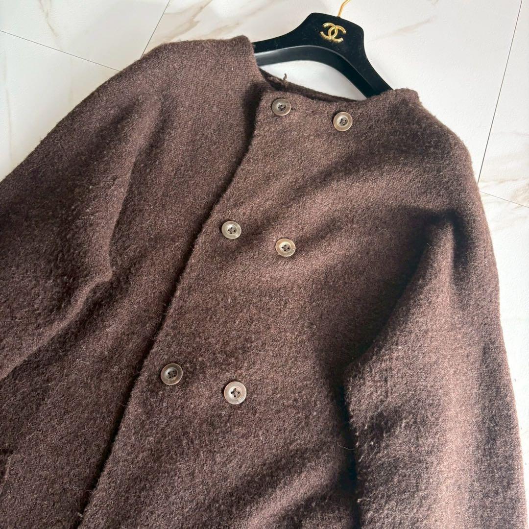 美品◆45R 縮絨ウール 圧縮 クルーネック ロング コート M 茶