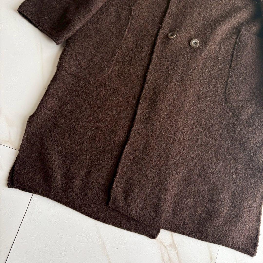 美品◆45R 縮絨ウール 圧縮 クルーネック ロング コート M 茶