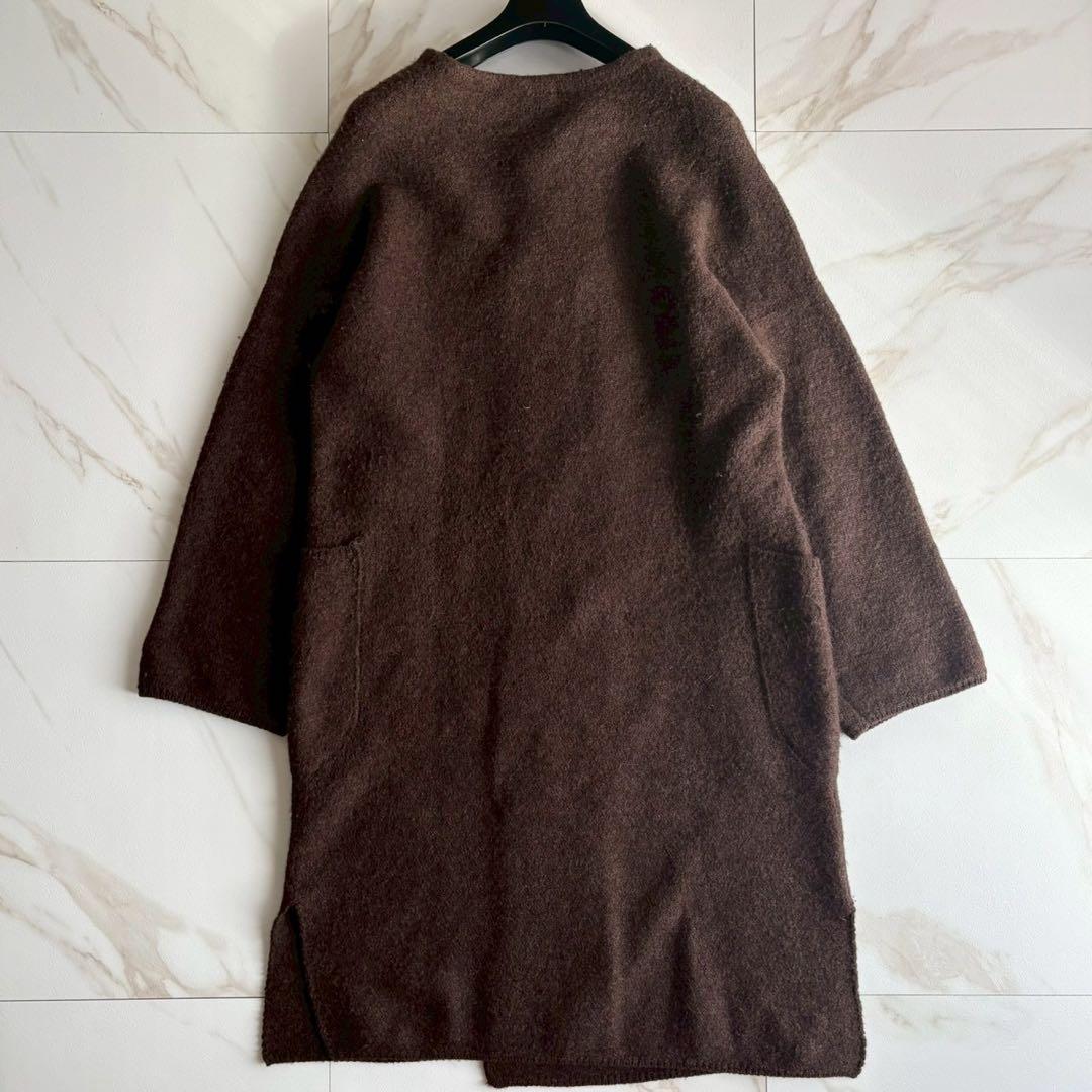 美品◆45R 縮絨ウール 圧縮 クルーネック ロング コート M 茶