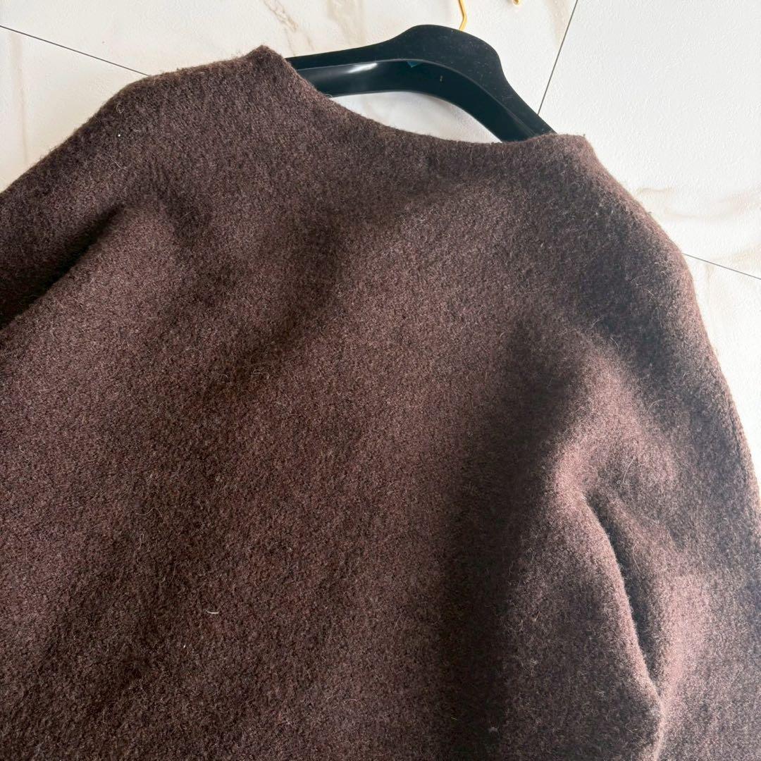 美品◆45R 縮絨ウール 圧縮 クルーネック ロング コート M 茶