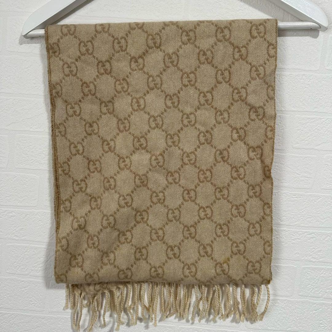 GUCCI リバーシブル　ベージュ ブラウン　GGロゴマフラー　カシミヤ100%