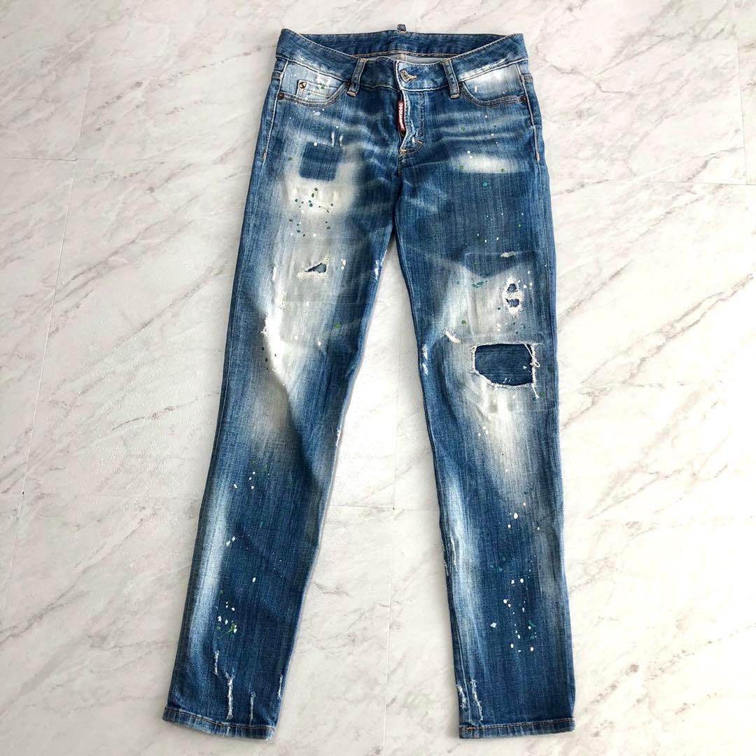 【美品】DSQUARED2 デニム スキニー ダメージ ロゴ ペイント 38