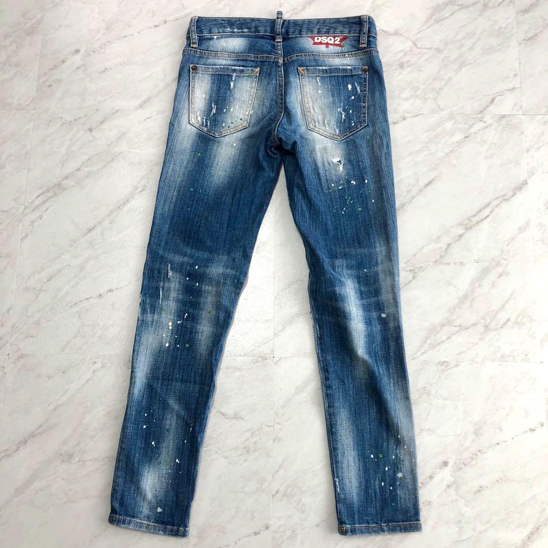 【美品】DSQUARED2 デニム スキニー ダメージ ロゴ ペイント 38